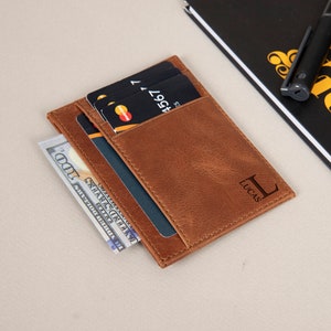Billetera de bolsillo frontal personalizada, regalo de Navidad personalizado para papá, billetera delgada de cuero RFID, regalo de cumpleaños para novio, esposo, abuelo, niños y hombres