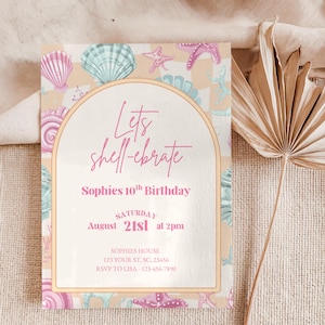 May include: A birthday invitation with a seashell theme. The invitation features a light beige background with a checkered pattern and illustrations of seashells and starfish in pink and teal. The text "Lets shell-ebrate" is written in pink script.