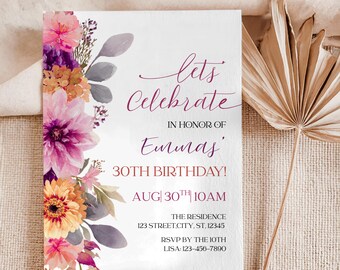 Boho Floral Birthday Invitation Template | Birthday Party Invite for Women | Watercolor Flowers Digital Download | Printable Invite