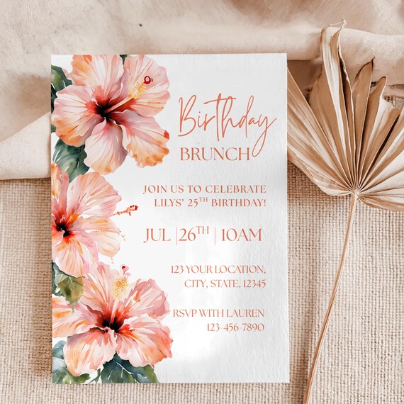 Boho Hibiscus Birthday Brunch Invite: Watercolor Floral Template (Digital Download)