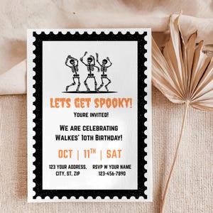 Invitación a fiesta de Halloween de esqueletos: Volante de fiesta espeluznante (Plantilla Canva, descarga digital)