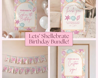 May include: A birthday party bundle with a seashell theme. Includes a welcome sign, thank you card, banner, and custom sign. The signs have a pink, teal, and beige color scheme with seashell and starfish illustrations.