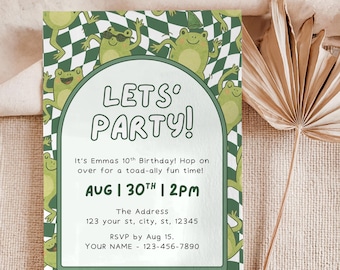 May include: A party invitation with a green and white checkered background and cartoon frogs. The invitation reads "LET'S PARTY!" and includes event details: date, time, address, and RSVP information. The overall theme is a birthday party.