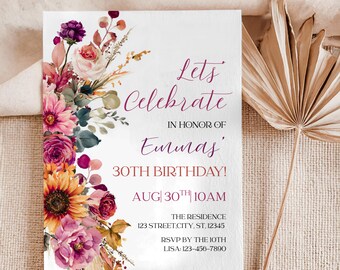 Boho Floral Birthday Invitation Template | Birthday Party Invite for Women | Watercolor Flowers Digital Download | Printable Invite