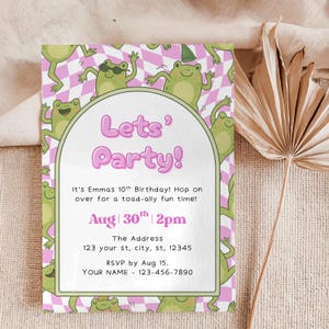 May include: A party invitation featuring a pink and white chequered pattern and cartoon frogs. The invitation says "Lets' Party!" and includes party details such as the date, time, and address. The invitation is for Emma's 10th birthday.