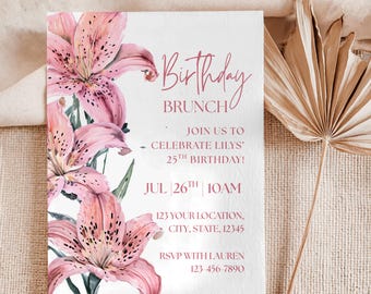 May include: A birthday brunch invitation featuring watercolor pink lilies and green leaves. The invitation includes the text "Birthday Brunch" and event details: date, time, location, and RSVP information.