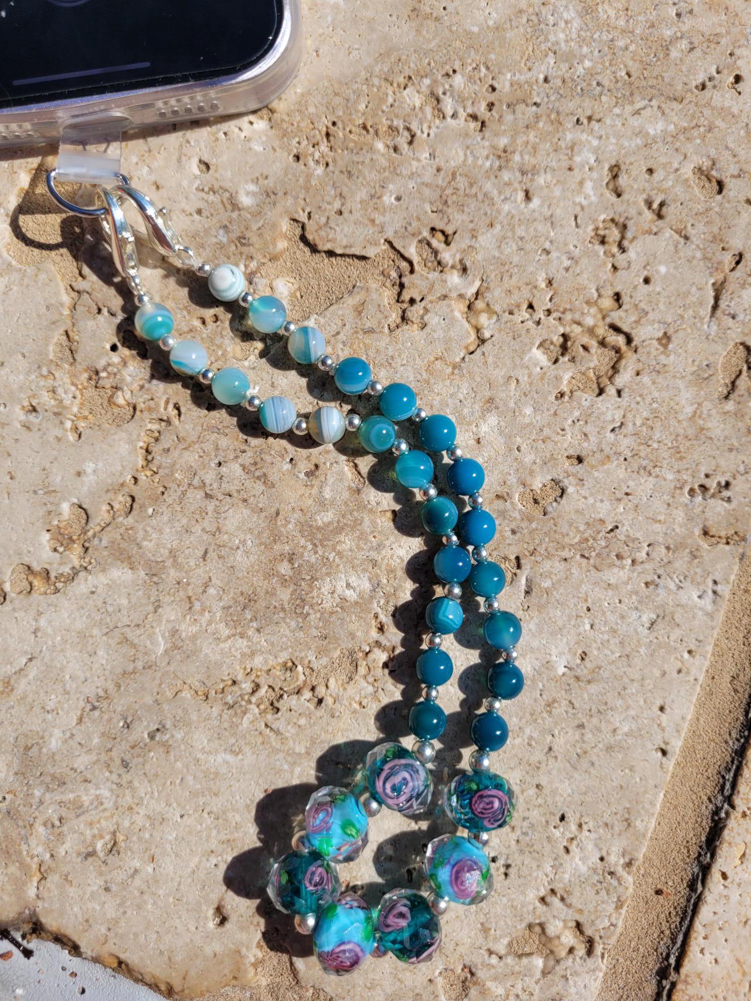 Teal and Blue Hombre and Floral Gemstone Beaded Cell Phone Wrist Lanyard