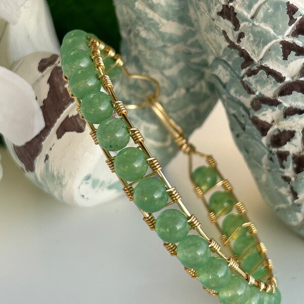 Stackable Boho 6mm Green Aventurine Gemstone Channel Set Bangle Bracelet
