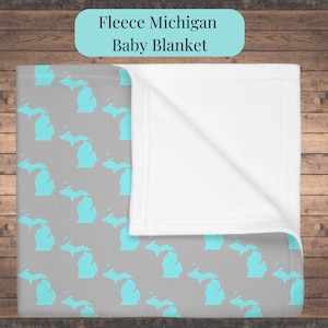 Michigan Baby Blanket with Teal and Gray Design, Cozy Fleece Blanket Baby Shower Gift, Idea for Up North New Mom, Parents