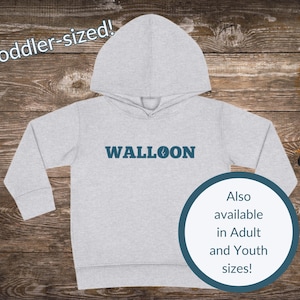 May include: Gray hooded sweatshirt with the text "WALLOON" in blue lettering. The text "Toddler-sized!" is in the top left corner. The text "Also available in Adult and Youth sizes!" is in a circle in the bottom right corner.