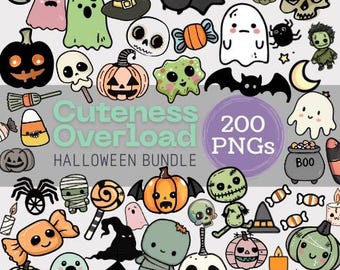 Kawaii Halloween Clipart Bundle: 200 PNG Graphics (Digital Download)