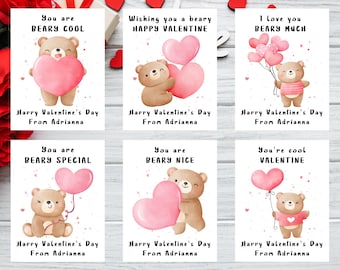 Editable Bear Valentine Instant Download School Kids Hearts Valentine&#39;s Day Card Templates