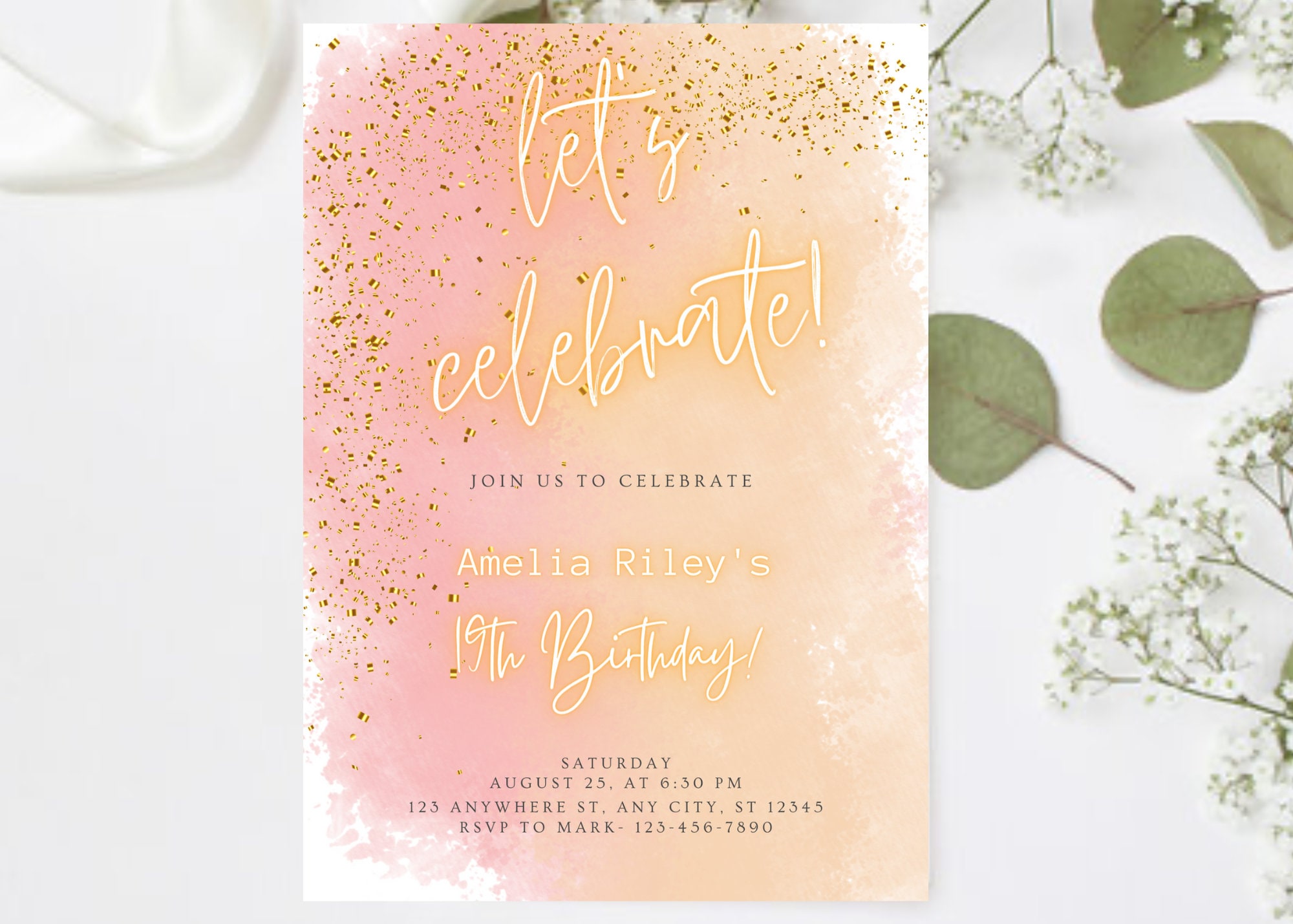 Editable Sunset Pink And Orange Watercolor Glitter Instant Download Birthday Invitation Template