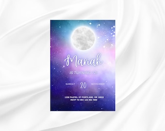 Editable Nebula Moon Galaxy Instant Download Birthday Invitation Template