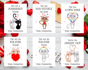 Editable Cat Valentine Instant Download School Kids Hearts Valentine&#39;s Day Card Templates