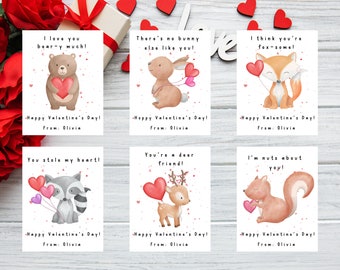 Editable Woodland Animals Instant Download School Kids Valentine&#39;s Day Card Templates