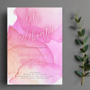 Editable Pink And Orange Watercolor Ink Instant Download Birthday Invitation Template