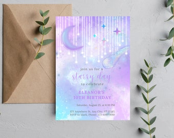 Editable Shooting Star Lights Moon Galaxy Instant Download Birthday Invitation Template