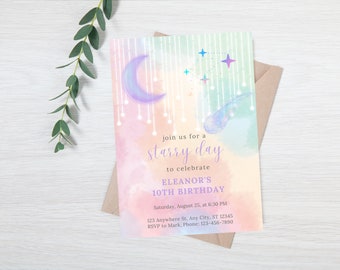 Editable Shooting Star Lights Moon Pastel Colors Instant Download Birthday Invitation Template