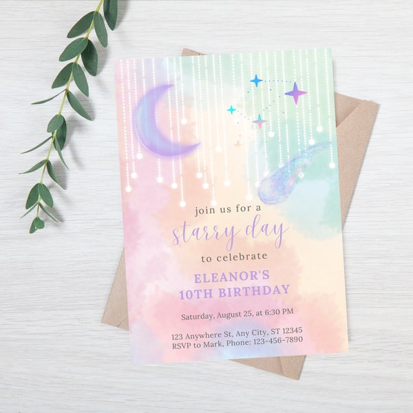 Editable Shooting Star Lights Moon Pastel Colors Instant Download Birthday Invitation Template