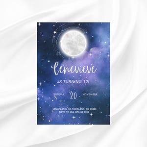 編集可能な夜の月と流れ星の銀河の誕生日招待状テンプレートをすぐにダウンロード