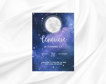 Editable Night Moon And Shooting Star Galaxy Instant Download Birthday Invitation Template