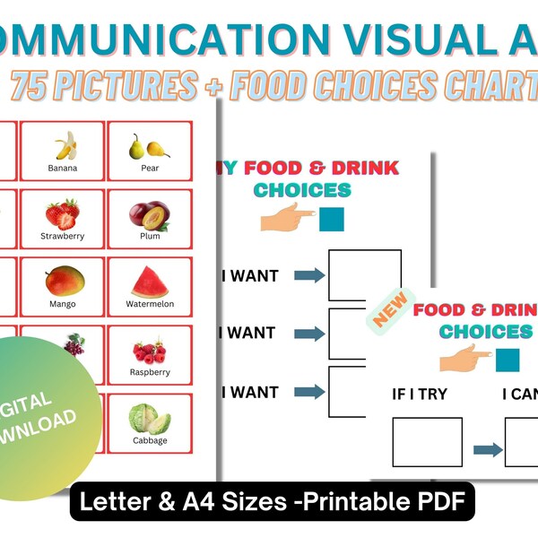 Food and drink choices cards, Autism Communication, Printable PECS Homeschool, Autism visual cards for Kids Toddler, Nonverbal Communication