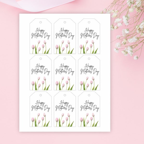 Happy Mother’s Day Tulip Flower Gift Favor Tags, Elegant Floral Gift Label Tag Flower Celebration Digital Download, Mom Present Printable