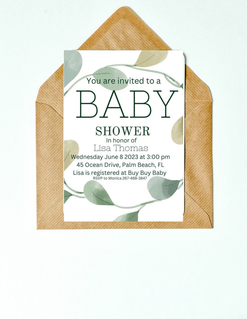 Editable Eucalyptus Baby Shower Invitation Template Simple Etsy