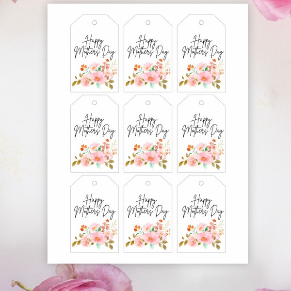 Happy Mothers Day Pink Floral Gift Tag, Sentimental Flower Favor Label, Mom Personal Present, Instant Digital Download