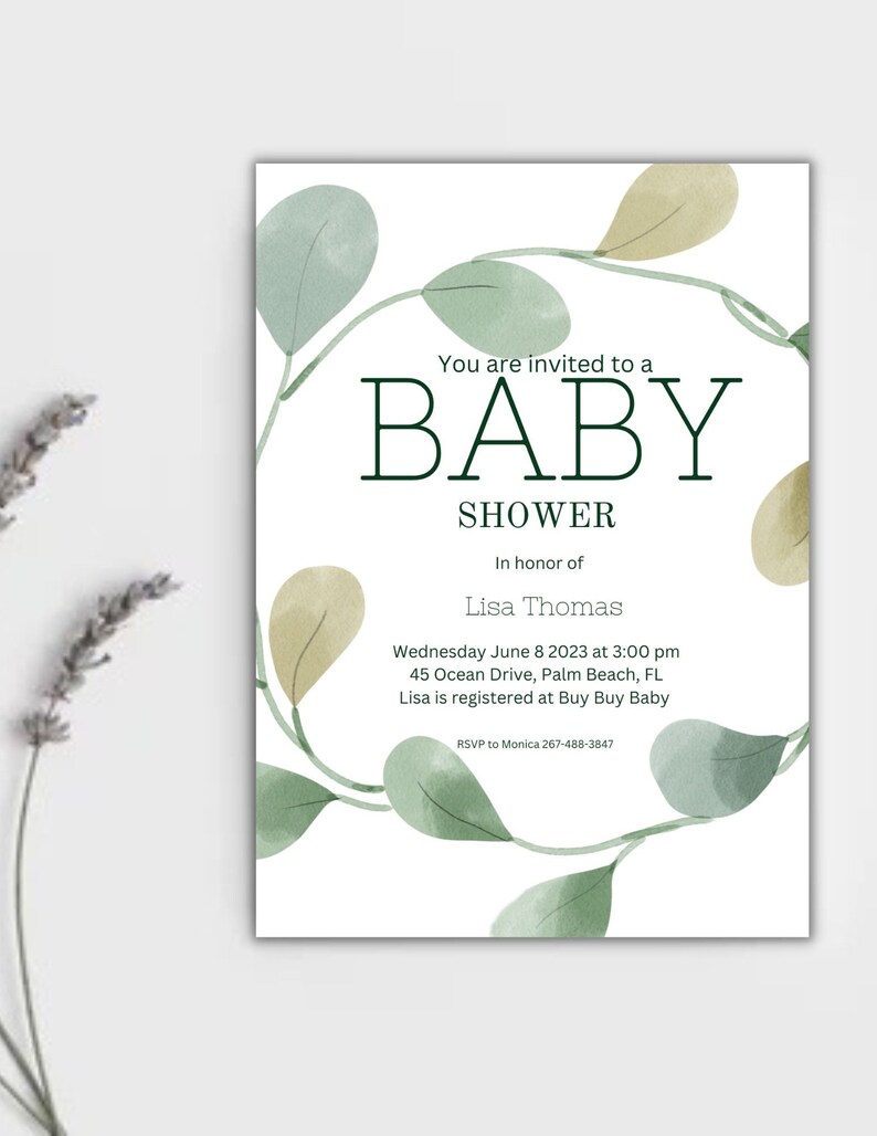 Editable Eucalyptus Baby Shower Invitation Card Template, Printable ...