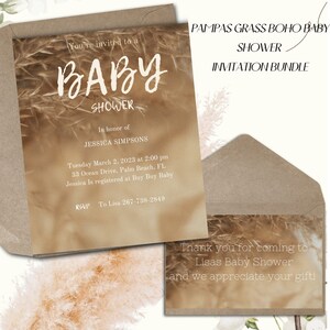 Editable Pampas Grass Boho Baby Invitation Template Bundle, Thank You Card, Instant Download, Gender Neutral, Modern, Simple, Bohemian