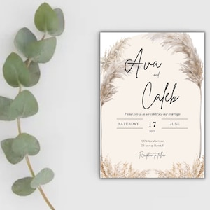Editable Pampas Grass Boho Wedding Invitation Card Template, Printable, Instant Download, Modern, Simple, Neutral, Beige, Bohemian