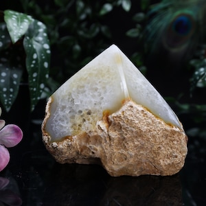 Puede incluir: Un cristal de ágata blanco y marrón con forma de pirámide. El cristal tiene una textura rugosa y natural y es parcialmente translúcido.