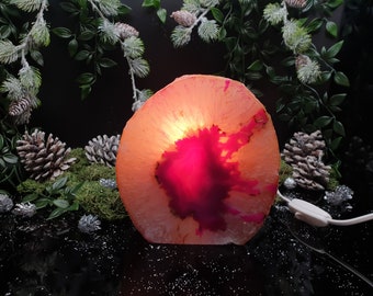 May include: A pink and white agate slice with a light inside, illuminated by a warm white light. The agate is on a dark surface with green moss and pine cones.