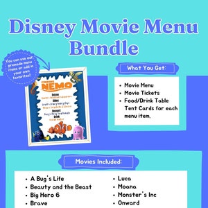 20 menús de películas de Disney, entradas de cine, carpas de mesa: fiesta de cumpleaños de películas o noche de películas familiares, menús de películas personalizados con temática de Disney