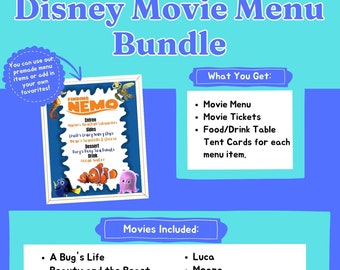 20 menu di film Disney, biglietti per il cinema, segnaposti - Festa di compleanno al cinema o serata cinema in famiglia, menu di film a tema Disney personalizzati