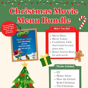 6 Christmas Movie Menus, Activity Sheets, Tickets, Table Tents - Christmas Party/Christmas Movie Night, Christmas Activity Sheets