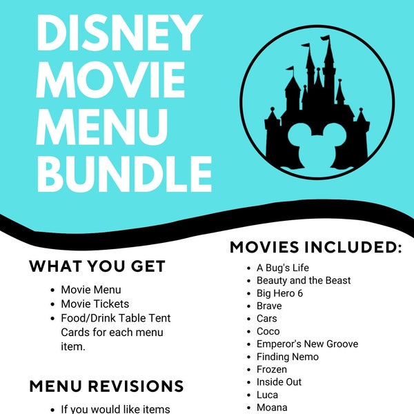 20 Disney Movie Menus, Movie Tickets, Table Tents - Movie Birthday Party or Family Movie Night, Customized Disney Themed Movie Menus