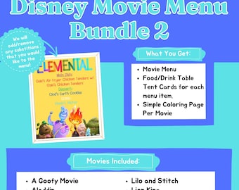 20 menù dei film Disney, pagine da colorare, segnaposti - Festa di compleanno a tema cinematografico o serata cinema in famiglia, menù dei film a tema Disney personalizzati