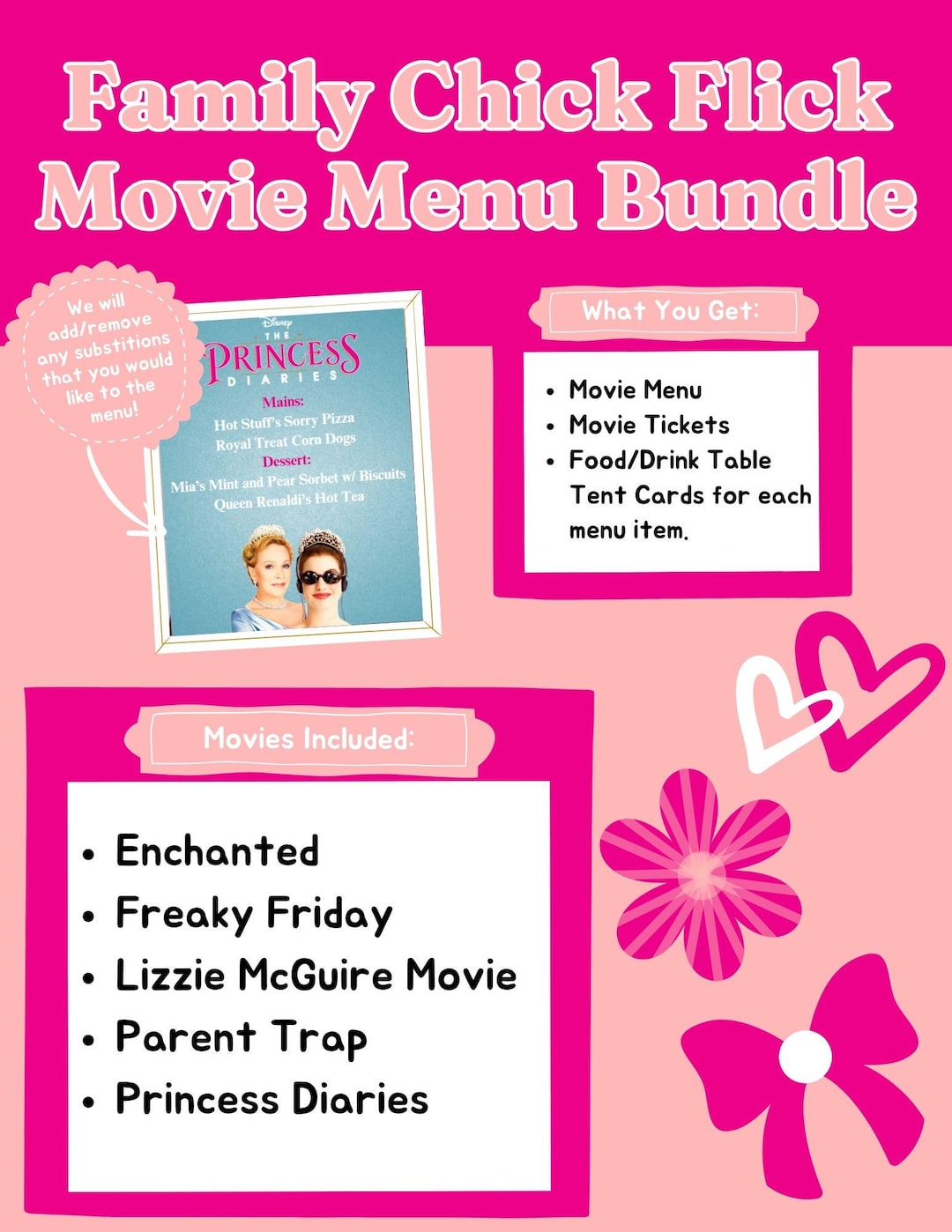 5 Chick Flick Movie Menus, Movie Tickets, Table Tents - Movie Birthday ...