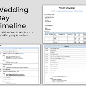 May include: A printable wedding day timeline template with sections for getting ready, reception, and vendor information. The template includes a table of contents, important contact information, and a schedule for the day.