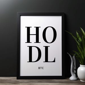 May include: Black and white framed print with the text "HODL BTC" in a bold, sans-serif font.