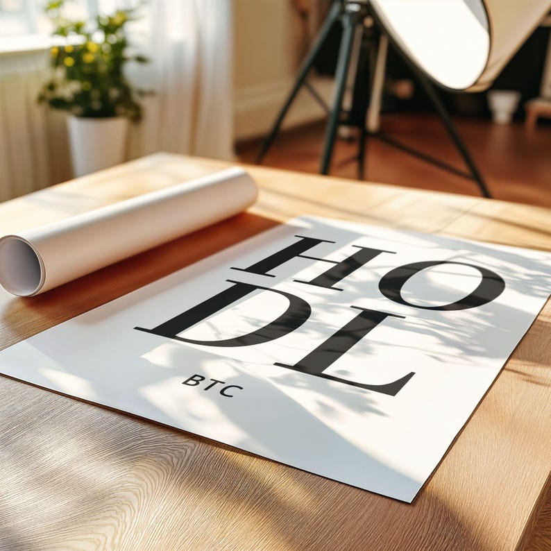 May include: A white poster with the word "HODL" in black, large, bold letters. The word "BTC" is printed in smaller letters below the word "HODL".
