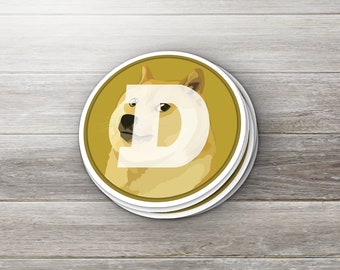 May include: A round sticker with a yellow background and a white outline. The sticker features a Shiba Inu dog with a white letter "D" over its face. The dog is looking to the left with a serious expression.