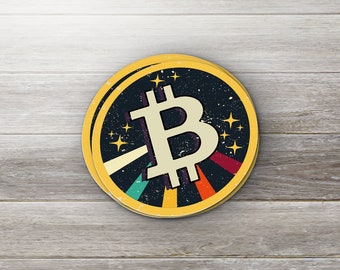 Retro Space Bitcoin Vinyl Sticker, BTC Vinyl Sticker, Laptop Tablet phone Skateboard Sticker Decal, Blockchain logo, Gift for Crypto lover