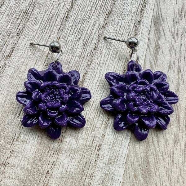 Dark Purple Lily Clay Earrings, Polymer Clay Earrings with Silver Ball Studs