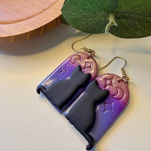 Polymer Clay Black Cat Earrings | Galaxy Cat Dangles | Handmade Clay Jewelry | Unique Cat Earrings
