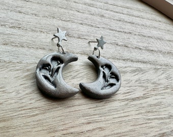 Floral Starlight Crescent Moon Clay Earrings, Polymer Clay Earrings with Silver Star Studs