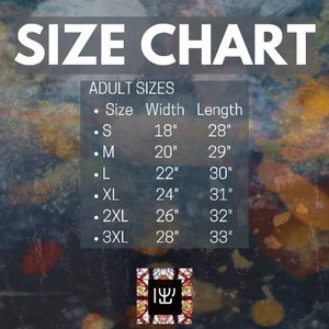 May include: Size chart for adult clothing with measurements in inches. The chart shows the width and length of different sizes, from S to 3XL.